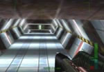 There's a guard posted at the top of this sloping hallway.