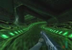 Guards patrol the corridor at the base of the ramp.